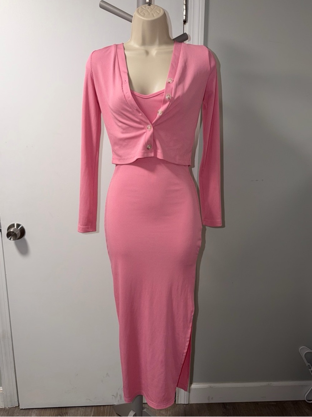 Soft Pink Two-Piece Midi Dress with Buttoned Crop Top